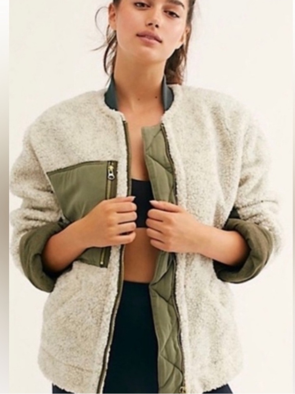 Free People We The Free Cream Sherpa Jacket with Olive Accents